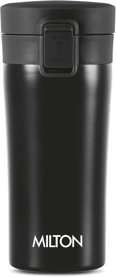 Milton Milton Thermosteel Vacuum Insulated Coffee Mug, 300 ml, Black | Hot & Cold Flask | Leak Proof | Rust Proof | Thermos | Soup Flask | Juice Mug | Water Flask | Tea Mug Black 300ml