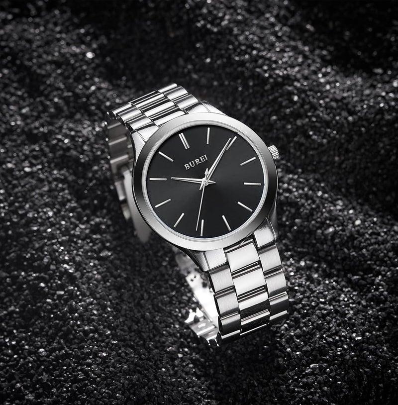 BUREI Men's Watch, Fashion Analog Quartz, Dress Business Stainless Steel Waterproof，Watch for Men (Silver+Black) - Image 4