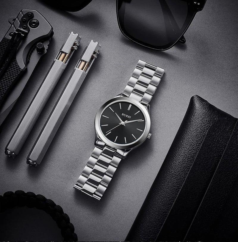 BUREI Men's Watch, Fashion Analog Quartz, Dress Business Stainless Steel Waterproof，Watch for Men (Silver+Black) - Image 3