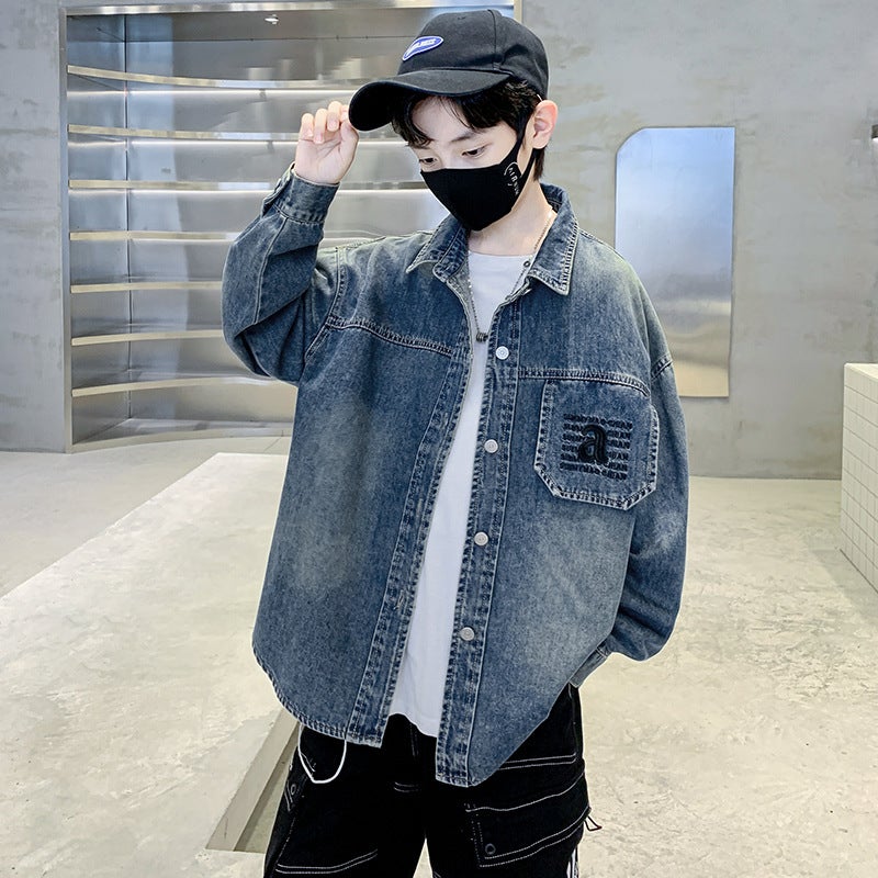 Boys' Denim Shirt Jacket Middle-Big Boys Spring Fashionable Jacket - Image 3