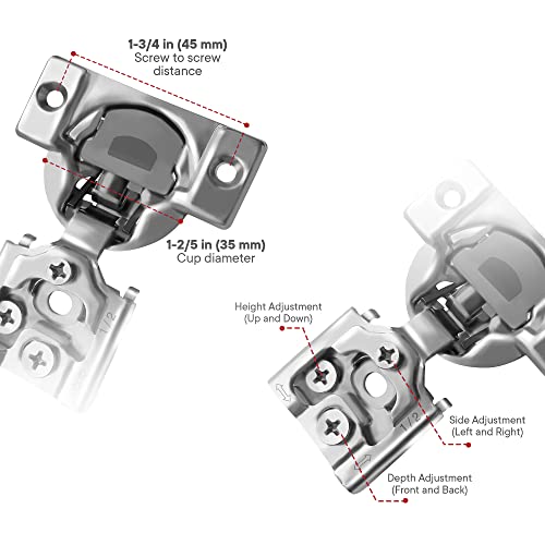 Berta 4-Pack, 1/2 inch Overlay Soft Closing Face Frame Cabinet Hinges, 105 Degree 6-Ways 3-Cam Adjustment Concealed Kitchen Cabinet Door Hinges with Screws (1/2 in. Overlay, 4 Pieces) - Image 3