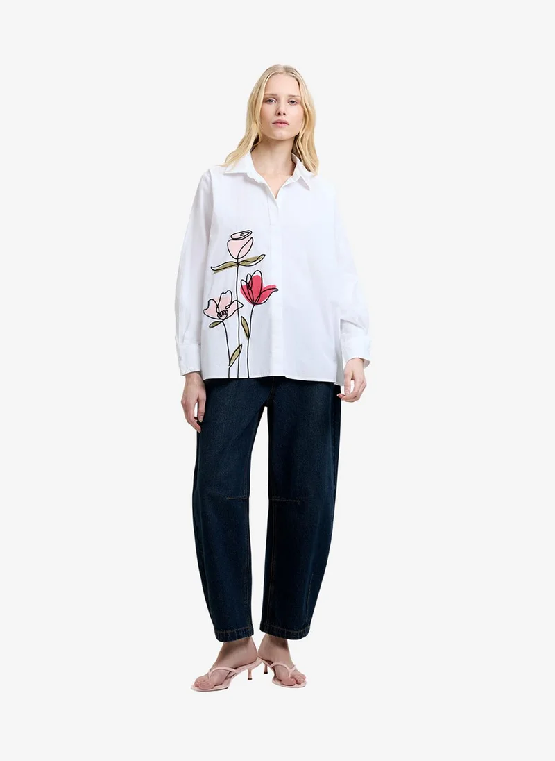 فرنش كونكشن Women's Linen White Multi Cambria Cotton Flower Shirt