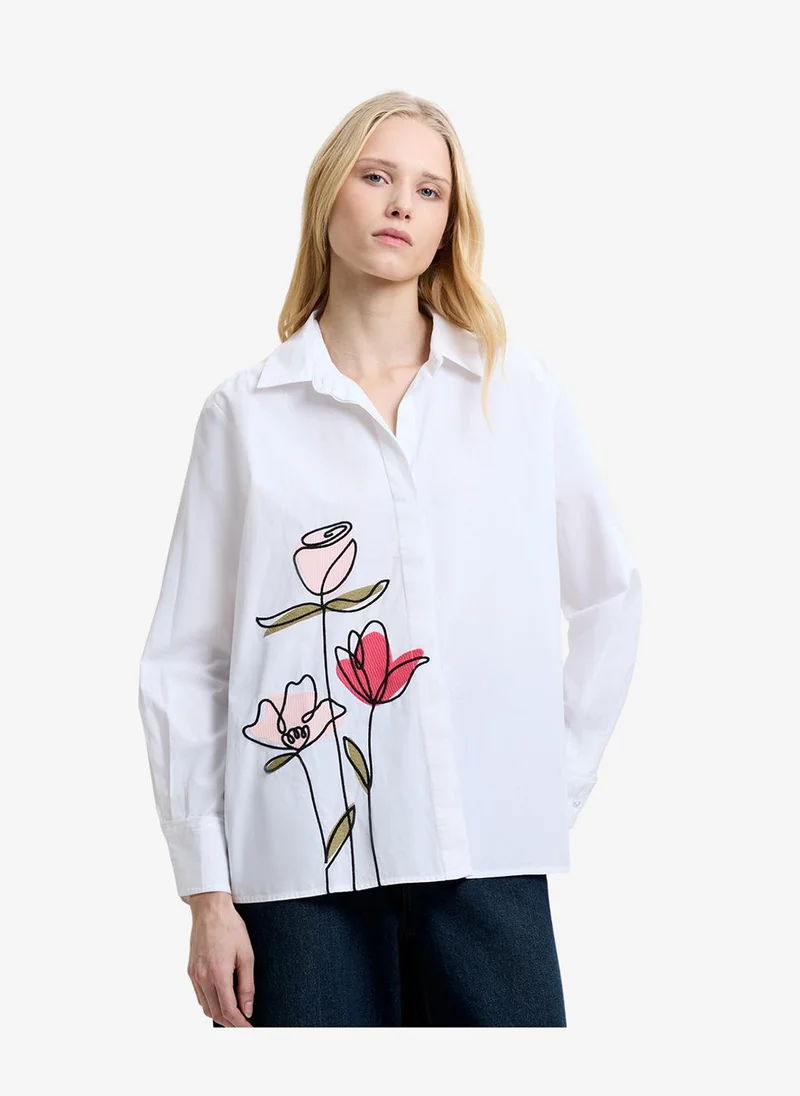 Women's Linen White Multi Cambria Cotton Flower Shirt