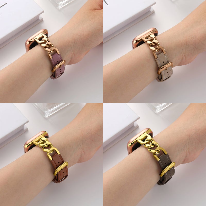 erorex For Apple Watch Series 6 40Mm Chain Genuine Leather Watch Band, Size: S(Rose Gold Apricot) - Image 5