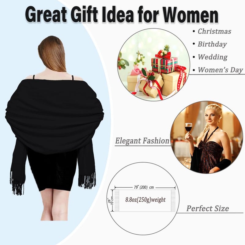 TwoYek Women's Scarf Pashmina Shawls and Wraps for Evening Dress Wedding Bridesmaid Bridal Winter Warm Large Soft Silky Scarves Black - Image 4