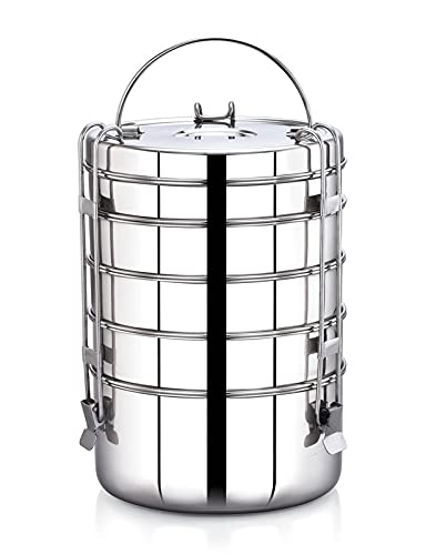 Expresso - Stainless Steel Food Grade Lunch Box | Traditional Tiffin Carrier/Container for School/Office, Dia 22.5cm | 5 Tier - Image 3