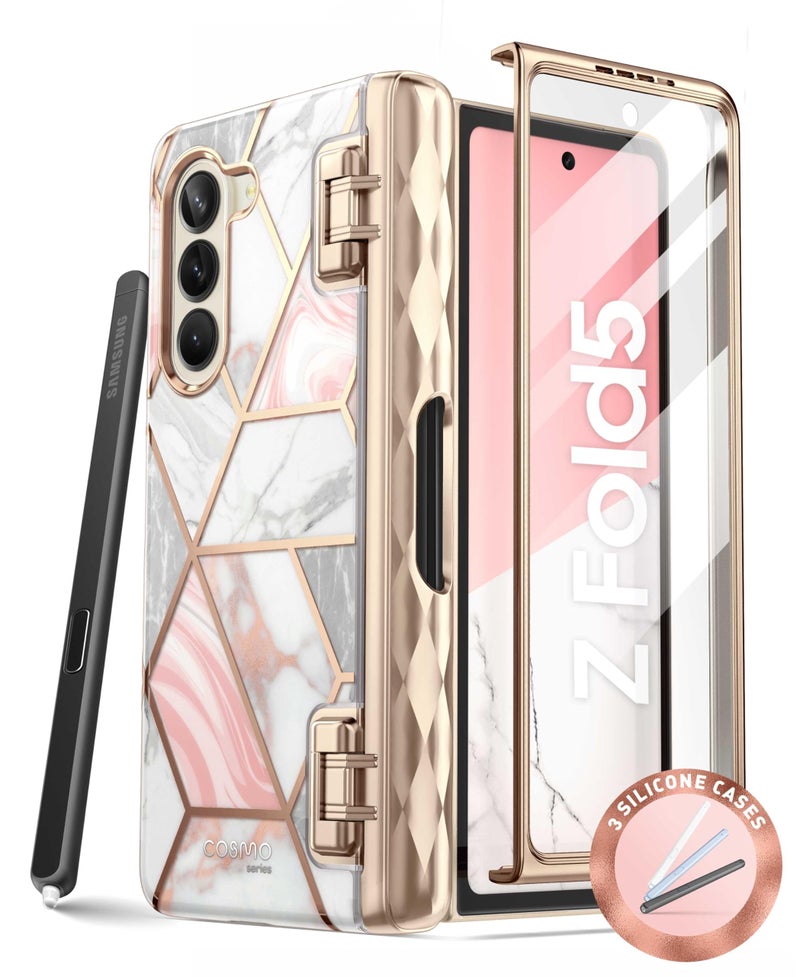 i-Blason Cosmo for Samsung Galaxy Z Fold 5 Case with Pen Holder, [Built-in Screen Protector] [Hinge Protection] [3 Silicone Pen Covers] Stylish Full-Body Protective Z Fold 5 Case (Marble) - Image 1