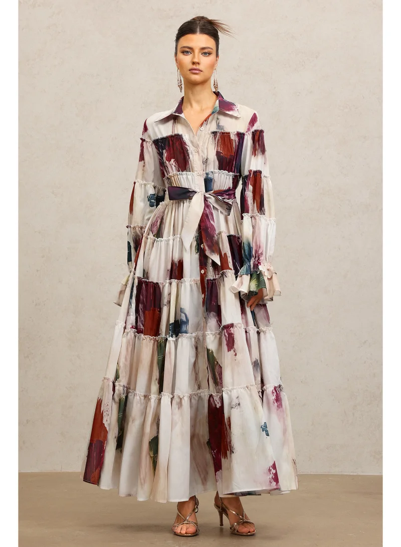 Raanana Lapel Long Sleeves Floral Printed Maxi Dress