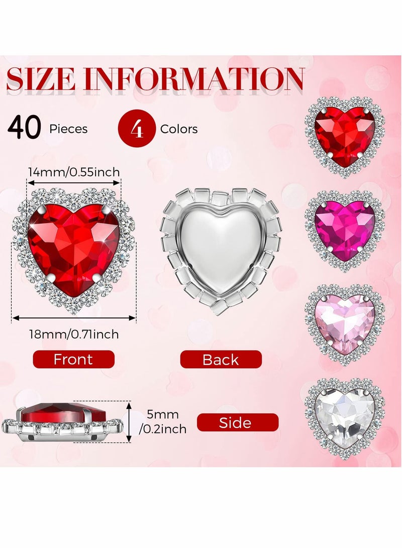 SYOSI 40 Pcs Heart Rhinestones Buttons, Sew on Rhinestone Embellishments Flatback Diamond Rhinestones Heart, for Nails Wedding Bridal Bouquet Clothing Crafting Jewelry Making (4 Colors)Silver Base - Image 2