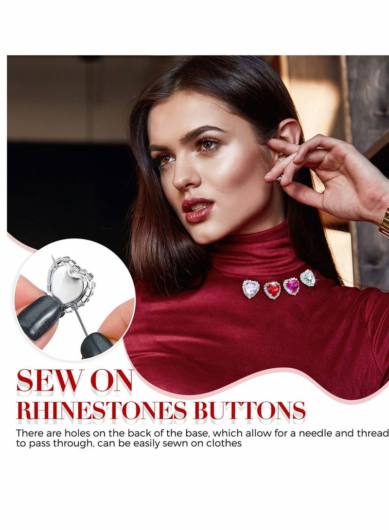 SYOSI 40 Pcs Heart Rhinestones Buttons, Sew on Rhinestone Embellishments Flatback Diamond Rhinestones Heart, for Nails Wedding Bridal Bouquet Clothing Crafting Jewelry Making (4 Colors)Silver Base - Image 3