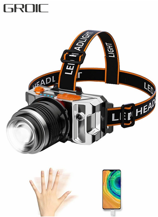 GROIC LED Rechargeable Headlamp Rugged Outdoor Head Lamps Waterproof 3 Modes Camping Induction Zoom Head-Mounted Miner's Lamp USB Charging Treasure Headlight for 360° Adjustable  - Image 1