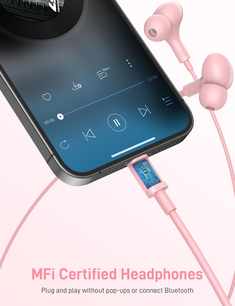 iMangoo for Apple MFi-Certified Headphones for Lightning Wired Earbuds Magnetic Ear Buds with HiFi Bass,3 Ear Tips Mic Corded Earphones for Gym, Commuting for iPhone 14 Plus 13 12 11 Pro Max Pink - Image 2