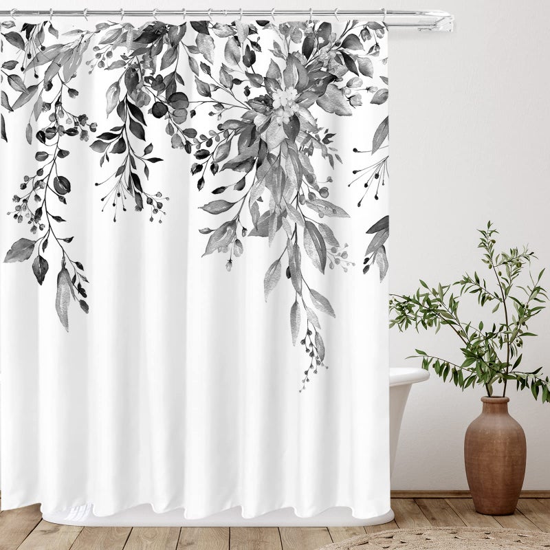 Tititex Black Eucalyptus Shower Curtain Sets  Watercolor Grey Leaves on The Top Plant with Floral Bathroom Decoration 72x84 Inch with Hooks