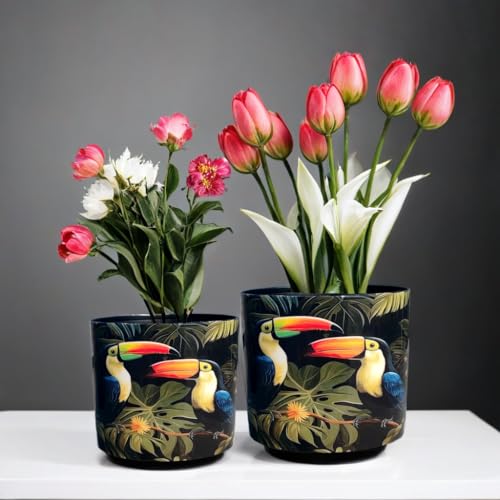 LAQA Iron Planter Pots for Indoor Plants – Set of 2 Decorative Pots with Bird Print, Forest Theme – Durable Metal Plant Containers for Home, Office, or Indoor Garden Décor - Image 5