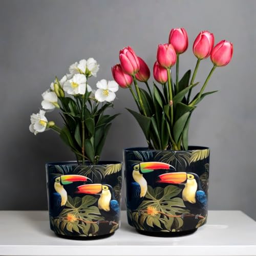 LAQA Iron Planter Pots for Indoor Plants – Set of 2 Decorative Pots with Bird Print, Forest Theme – Durable Metal Plant Containers for Home, Office, or Indoor Garden Décor - Image 1