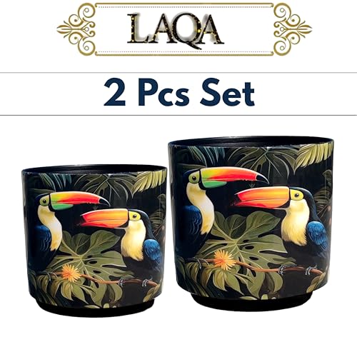 LAQA Iron Planter Pots for Indoor Plants – Set of 2 Decorative Pots with Bird Print, Forest Theme – Durable Metal Plant Containers for Home, Office, or Indoor Garden Décor - Image 2