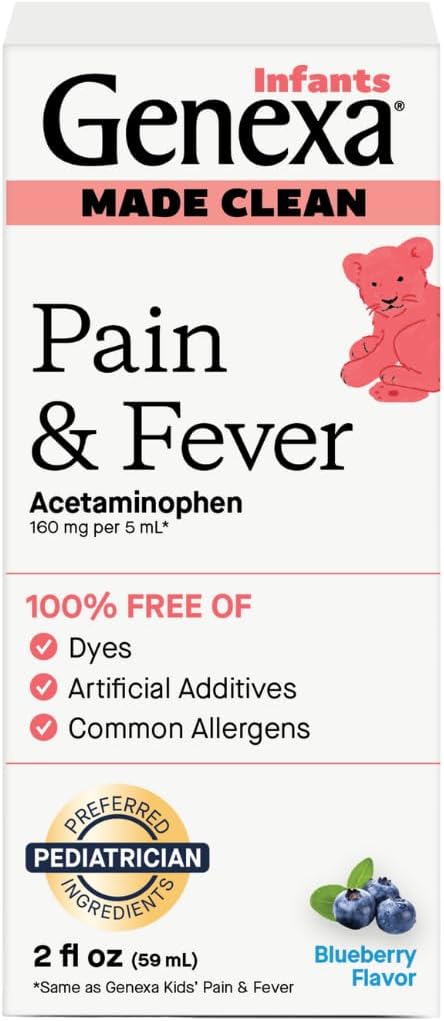 Genexa Infants Clean Acetaminophen  Pain Reliever  Fever Reducer  Dye Free 0 Artificial Additives  Baby Sick Essentials  Infant Medicine  Delicious Organic Blueberry Flavor 2 fl oz - Image 1