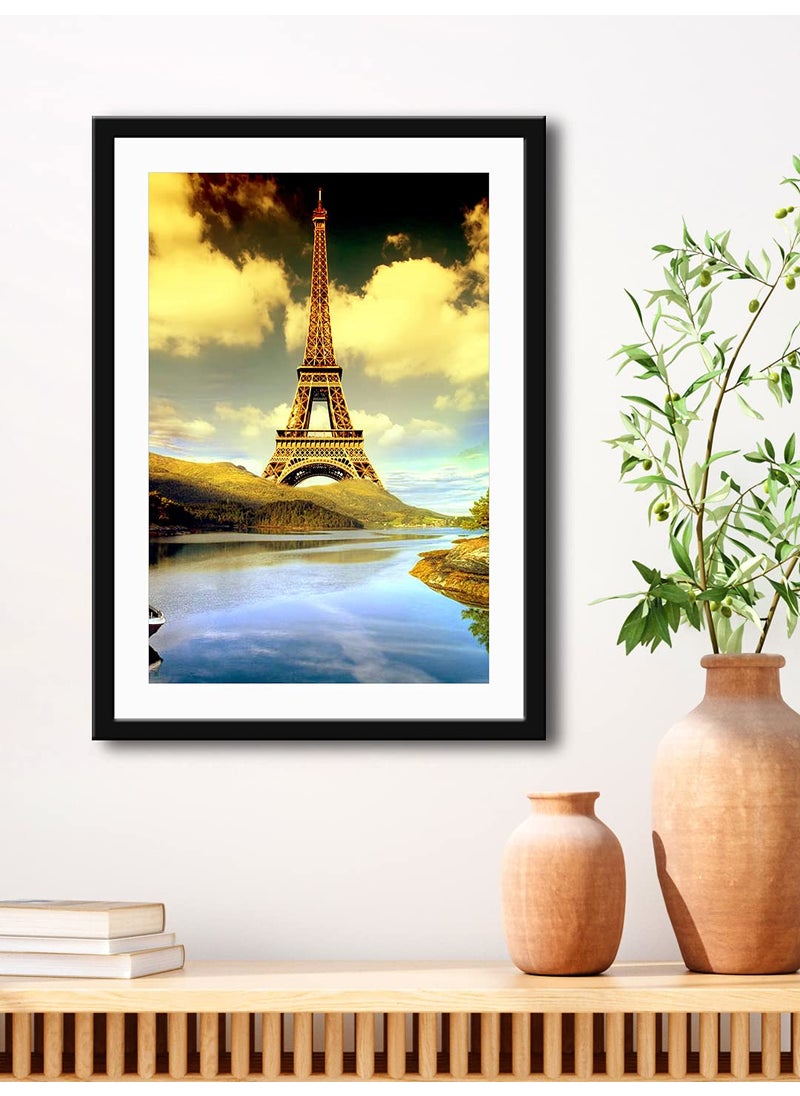 999STORE 999STORE Fiber modern art paintings scenery for wall with frames wall scenery for living room wall Painting Eiffel tower Set Of 1 Paper 40X60 cm Black BLF4060205156  - Image 1