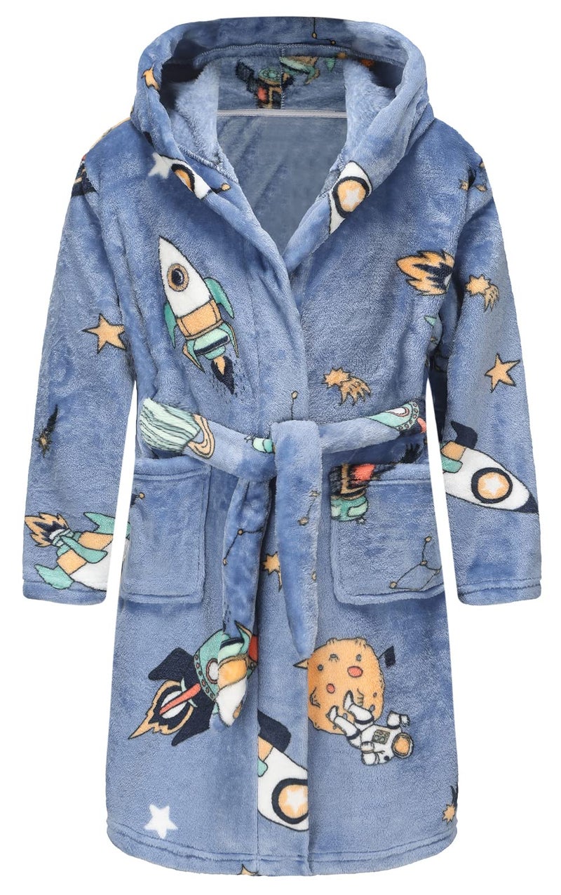 E.W Apparel Boys Fleece Robe Girls Hooded Bathrobe Toddlers Soft Fuzzy Robe for Kids(Space.7-8 Years) - Image 1