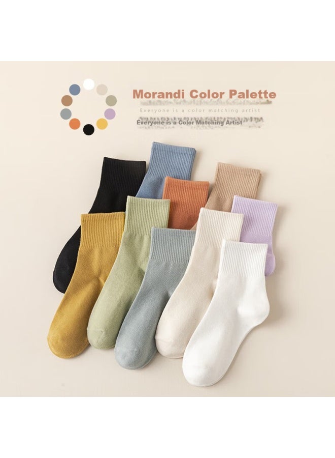 Cotton Thirteen Mianshisan Women's Mid-calf Socks, Autumn And Winter Solid Color Black Breathable Stockings, Versatile Style Long Socks, 8 Pairs Per Pack - Image 1