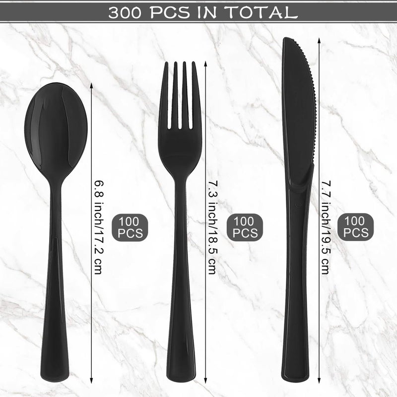 Kochorie 300 Pieces Graduation Plastic Silverware Heavy Duty Plastic Cutlery Set Heavyweight Disposable Flatware Includes Spoons Forks Knifes for Graduation Party Prom Night Wedding Dinner  Black - Image 2