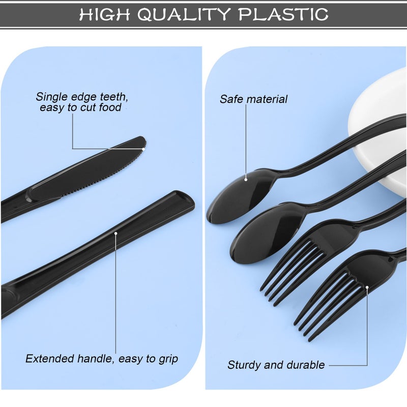Kochorie 300 Pieces Graduation Plastic Silverware Heavy Duty Plastic Cutlery Set Heavyweight Disposable Flatware Includes Spoons Forks Knifes for Graduation Party Prom Night Wedding Dinner  Black - Image 3