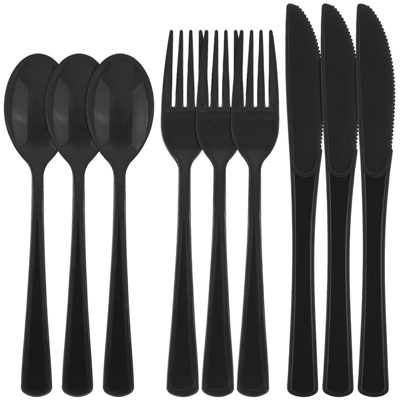 Kochorie 300 Pieces Graduation Plastic Silverware Heavy Duty Plastic Cutlery Set Heavyweight Disposable Flatware Includes Spoons Forks Knifes for Graduation Party Prom Night Wedding Dinner  Black - Image 1
