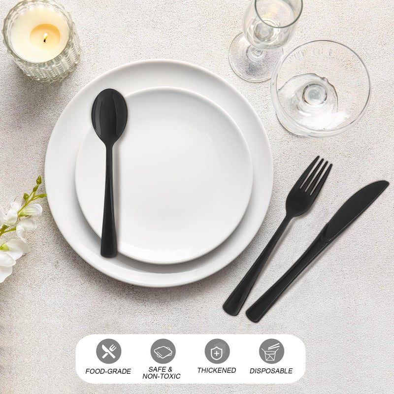 Kochorie 300 Pieces Graduation Plastic Silverware Heavy Duty Plastic Cutlery Set Heavyweight Disposable Flatware Includes Spoons Forks Knifes for Graduation Party Prom Night Wedding Dinner  Black - Image 5