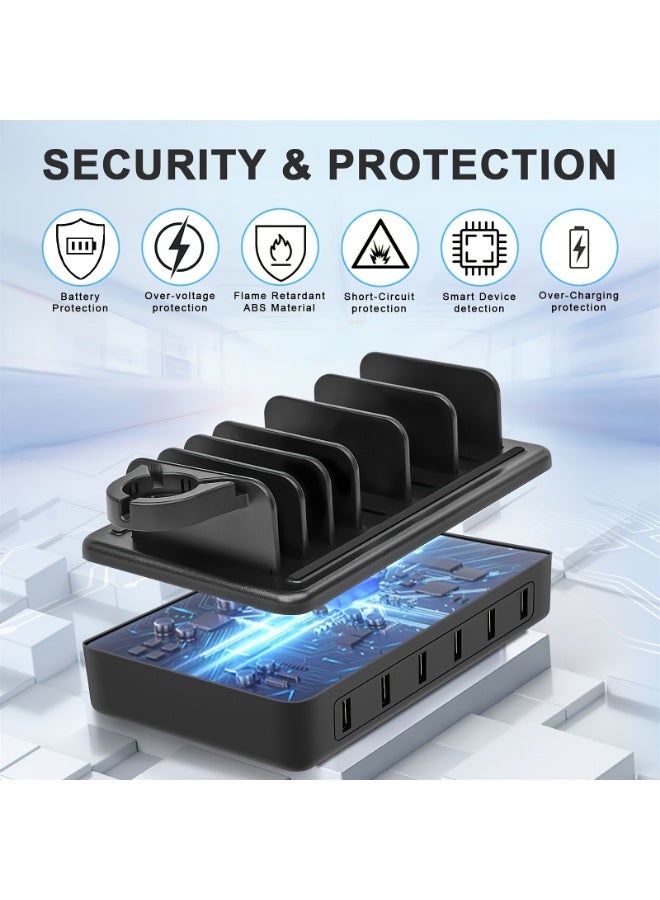 general Fast Charging Station For Multiple Devices, 50W 6-Ports USB Charging Station With10-Slot, Detachable Dividers, Watch Holder - Image 5