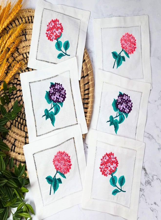 HCRAFT Embroidered White Cocktail Napkins 6"x6" Set of 6 Cloth Napkin Coasters, Mix Hydrangea Embroidered Cocktail Napkins for Christmas Cocktail Napkin Parties, Ladder Hemstitch, Great Present Ideas - Image 4