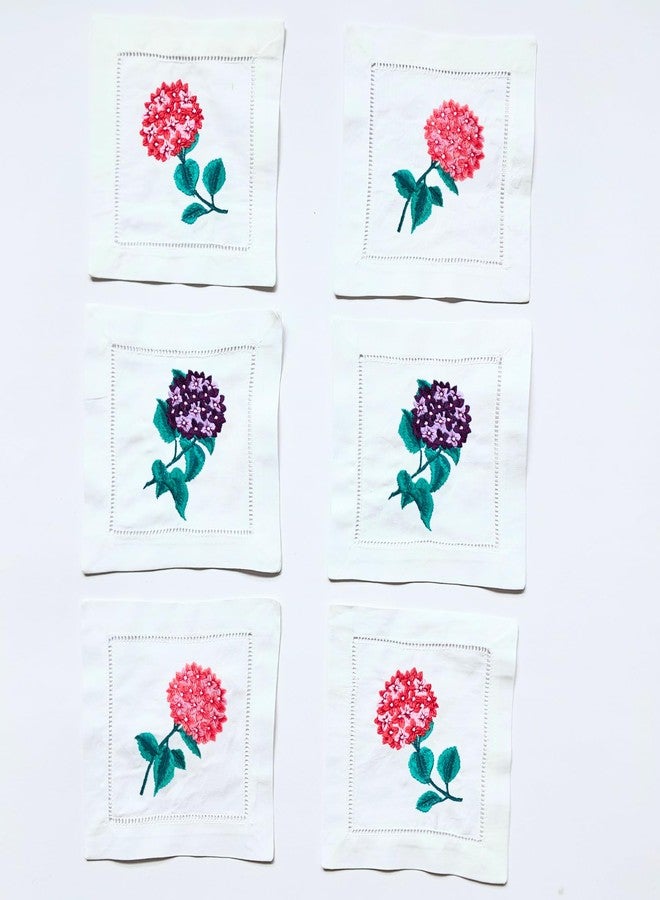 HCRAFT Embroidered White Cocktail Napkins 6"x6" Set of 6 Cloth Napkin Coasters, Mix Hydrangea Embroidered Cocktail Napkins for Christmas Cocktail Napkin Parties, Ladder Hemstitch, Great Present Ideas - Image 1