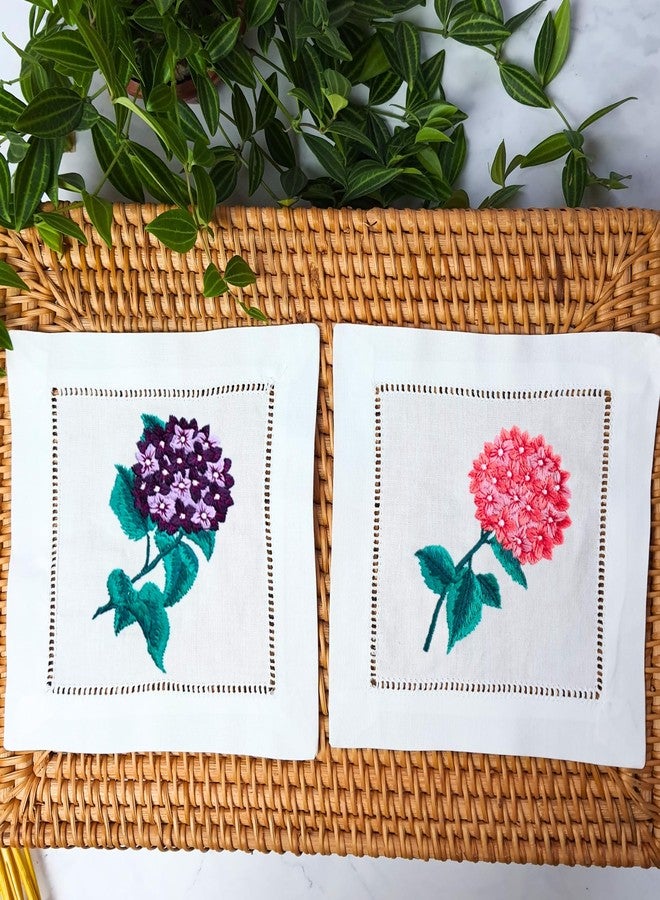 HCRAFT Embroidered White Cocktail Napkins 6"x6" Set of 6 Cloth Napkin Coasters, Mix Hydrangea Embroidered Cocktail Napkins for Christmas Cocktail Napkin Parties, Ladder Hemstitch, Great Present Ideas - Image 2