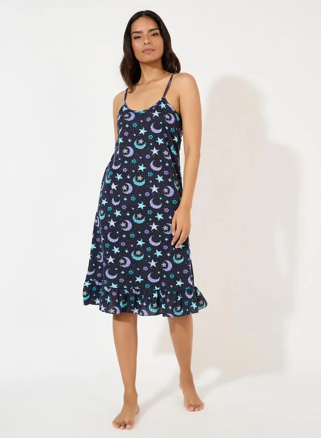 Styli All Over Print Moon & Stars Slip Dress with Eye Mask