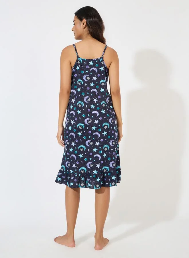 Styli All Over Print Moon & Stars Slip Dress with Eye Mask