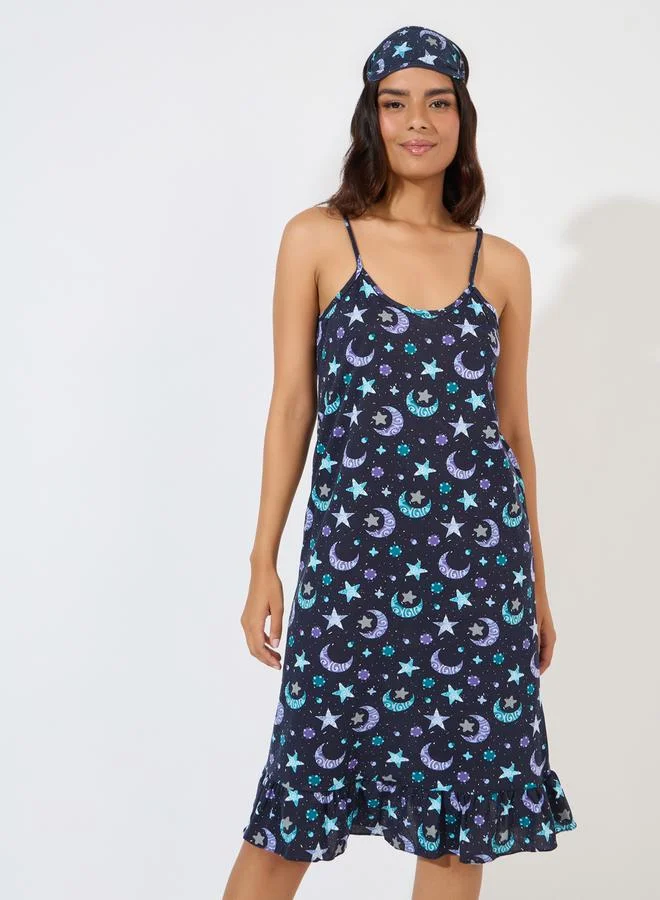 Styli All Over Print Moon & Stars Slip Dress with Eye Mask