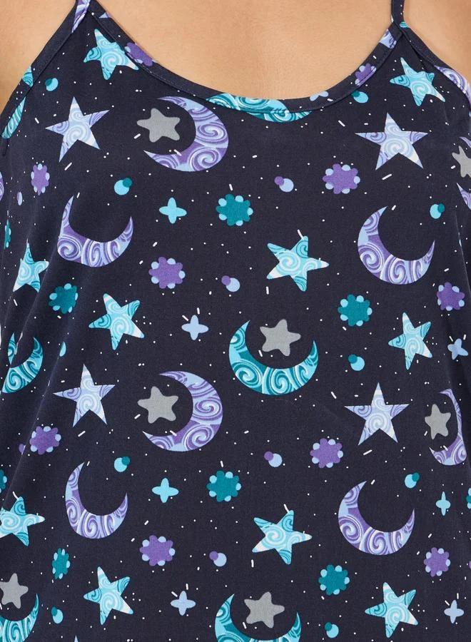 Styli All Over Print Moon & Stars Slip Dress with Eye Mask