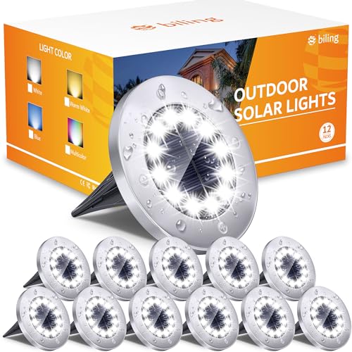 Biling Solar Outdoor Lights 12 Pack, Bright 12 LEDs Solar Ground Lights Waterproof, Flat Landscape Lighting Solar Powered for Yard Walkway Pathway Garden Driveway (White) - Image 1