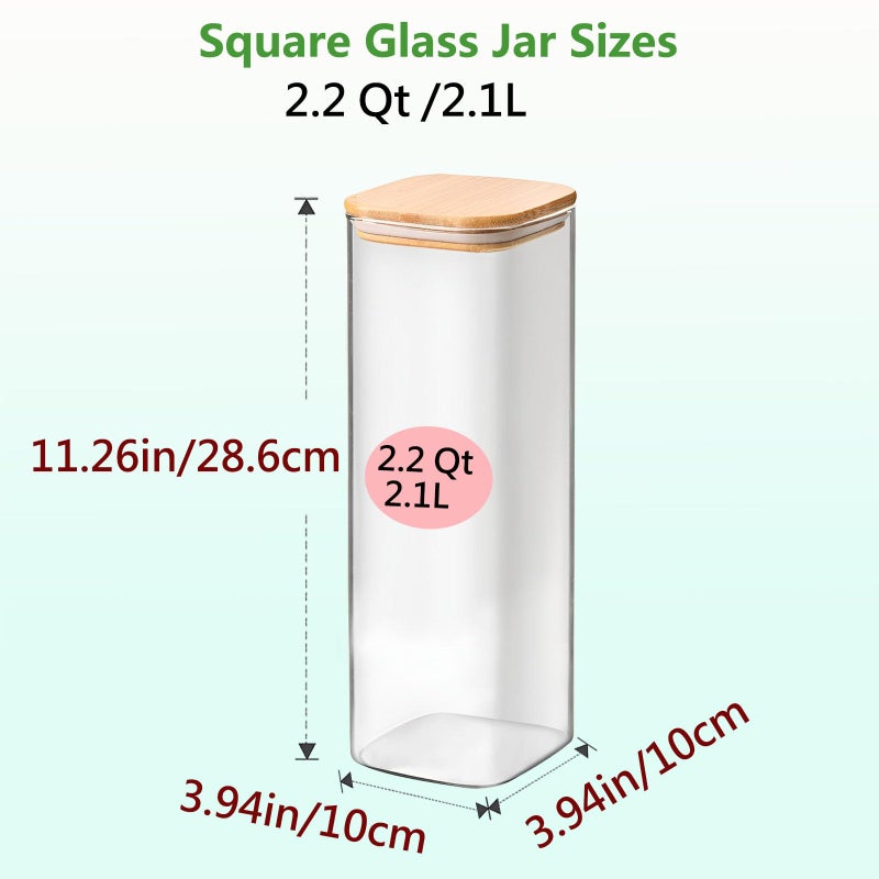 VIEWELLD 2.2 Qt Square Glass Storage Containers with Lids, Clear Food Storage Container Jar with Sealing Bamboo Lid Storage Containers for Pasta, Oats, Coffee, Flour, Sugar, Square Set-3Pack - Image 2