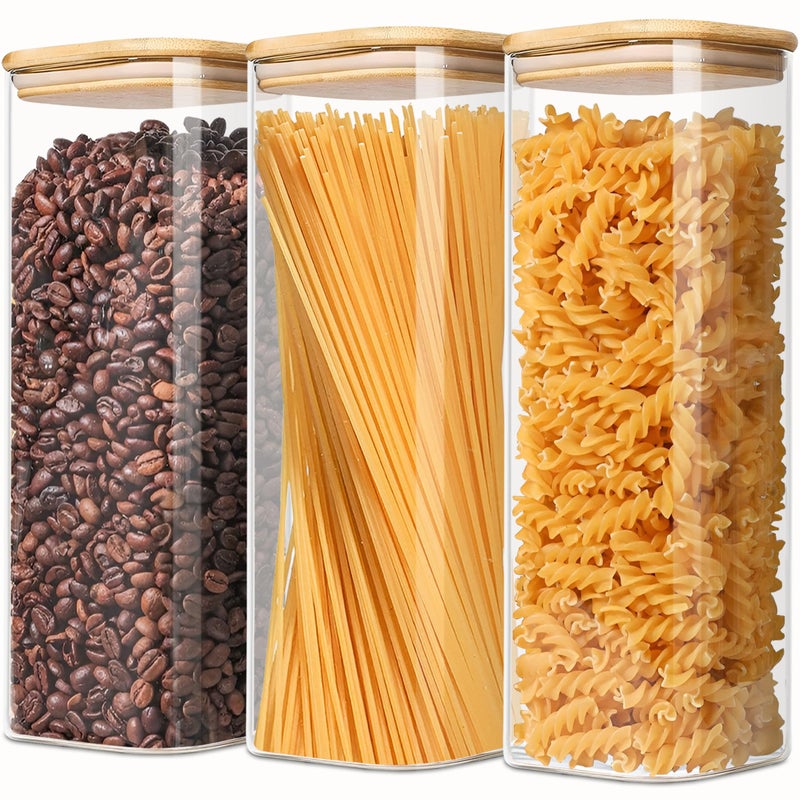VIEWELLD 2.2 Qt Square Glass Storage Containers with Lids, Clear Food Storage Container Jar with Sealing Bamboo Lid Storage Containers for Pasta, Oats, Coffee, Flour, Sugar, Square Set-3Pack - Image 1