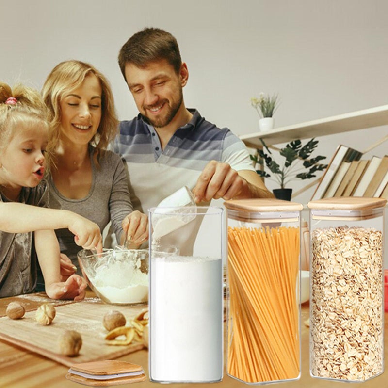 VIEWELLD 2.2 Qt Square Glass Storage Containers with Lids, Clear Food Storage Container Jar with Sealing Bamboo Lid Storage Containers for Pasta, Oats, Coffee, Flour, Sugar, Square Set-3Pack - Image 5