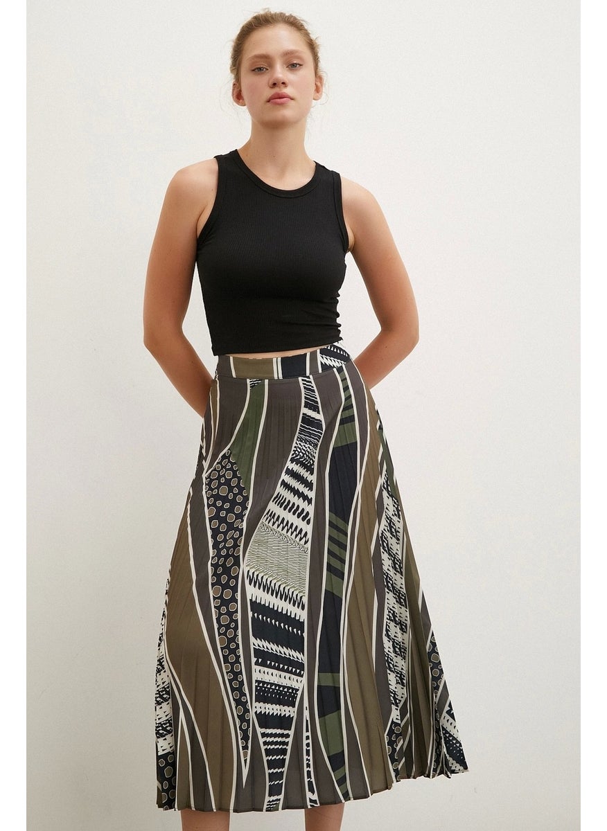 Never More Patterned Pleated Skirt Khaki  - Image 2