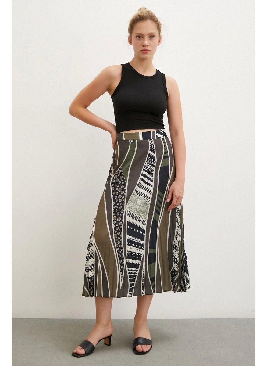 Never More Patterned Pleated Skirt Khaki  - Image 3