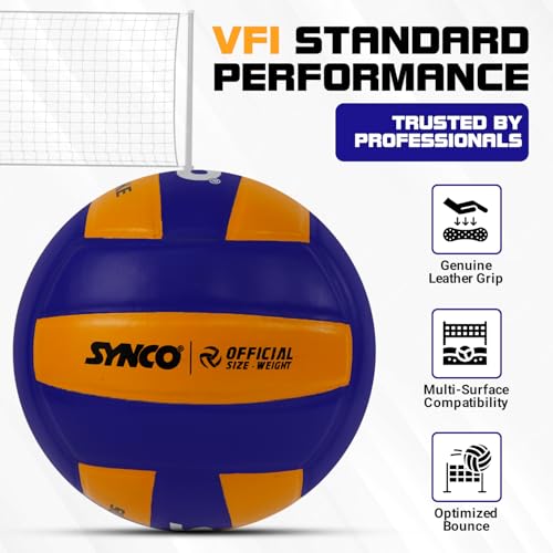 Synco Super Spike Leather Volleyball | 18 Panel Match Ball | VFI Standard Professional Volleyball | High Durability & Grip | for Indoor & Outdoor Play | Size 4, Yellow & Blue - Image 4