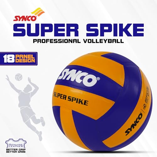 Synco Super Spike Leather Volleyball | 18 Panel Match Ball | VFI Standard Professional Volleyball | High Durability & Grip | for Indoor & Outdoor Play | Size 4, Yellow & Blue - Image 3