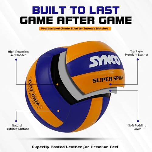 Synco Super Spike Leather Volleyball | 18 Panel Match Ball | VFI Standard Professional Volleyball | High Durability & Grip | for Indoor & Outdoor Play | Size 4, Yellow & Blue - Image 5