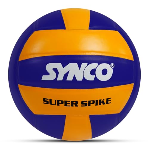 Synco Super Spike Leather Volleyball | 18 Panel Match Ball | VFI Standard Professional Volleyball | High Durability & Grip | for Indoor & Outdoor Play | Size 4, Yellow & Blue - Image 1