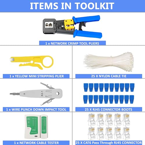 FEDUS RJ45 Crimping Tool Kit, Passthrough Crimping Tool rj45 for Cat6A Cat5E Cat5 RJ45, 25PCS rj45 Connector & Boot Covers, Network lan Tester, Cut and Strip Tool, 25 Cable Ties & KD-1 Punch Down Tool - Image 2