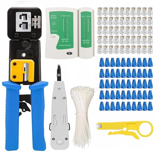 FEDUS RJ45 Crimping Tool Kit, Passthrough Crimping Tool rj45 for Cat6A Cat5E Cat5 RJ45, 25PCS rj45 Connector & Boot Covers, Network lan Tester, Cut and Strip Tool, 25 Cable Ties & KD-1 Punch Down Tool - Image 1