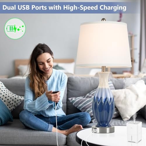 Bosceos 28” Tall Table Lamps Set of 2, Ceramic Navy Blue Bedside Lamps with USB Ports, Coastal Lamp with White Fabric Shade, Large Bedroom Table Lamps for End Table Living Room Nightstand - Image 3
