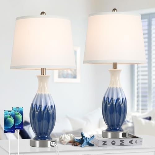 Bosceos 28” Tall Table Lamps Set of 2, Ceramic Navy Blue Bedside Lamps with USB Ports, Coastal Lamp with White Fabric Shade, Large Bedroom Table Lamps for End Table Living Room Nightstand - Image 1